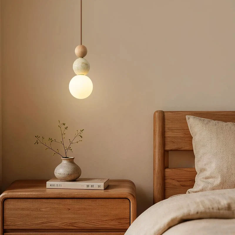 Totally Unique Dang Beautiful Handpolished Travertine Pendant Light With Solid Wood Bead And Soft Milk Glass Shade Artisan Japandi Hanging Fixture For Modern Spaces