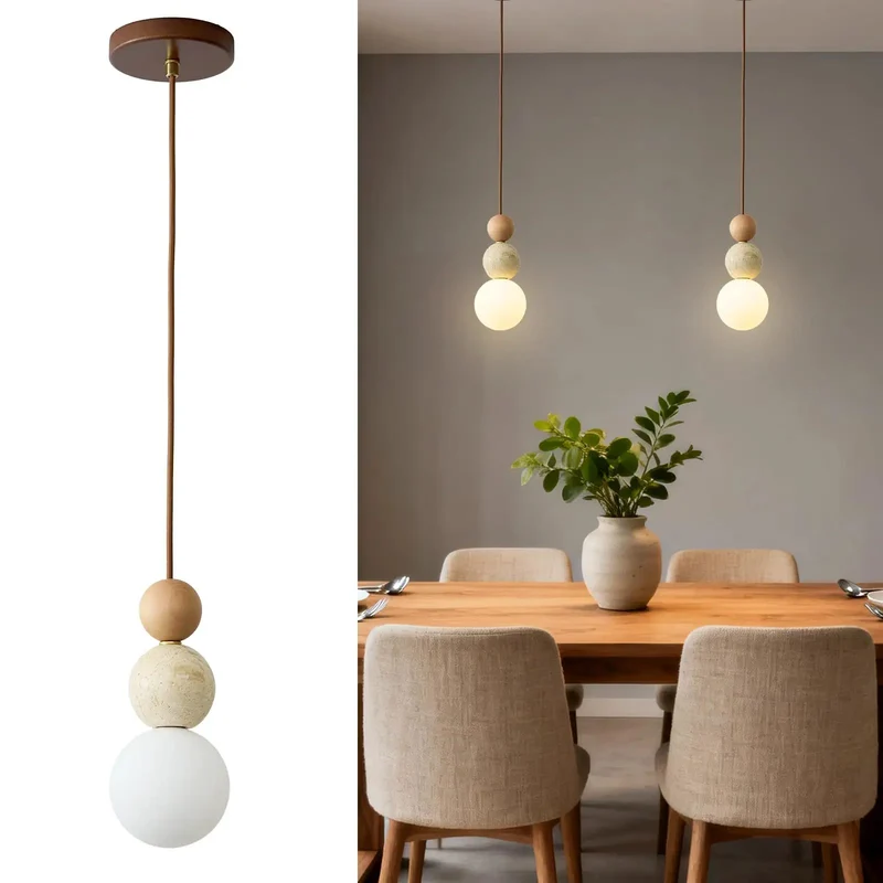 Totally Unique Dang Beautiful Handpolished Travertine Pendant Light With Solid Wood Bead And Soft Milk Glass Shade Artisan Japandi Hanging Fixture For Modern Spaces