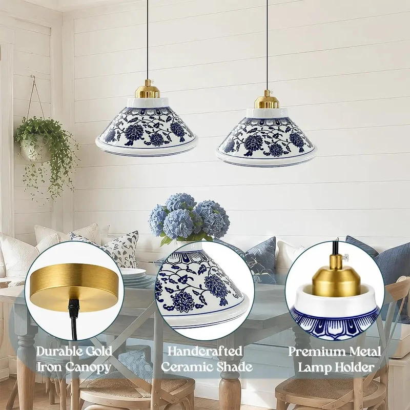 Super Chic Handpainted Blue And White Porcelain Pendant Light With Warm Gold Accents Vintage Farmhouse Hanging Lamp For Kitchen Island Dining Room Bedroom Cozy Setup And Chill Vibes