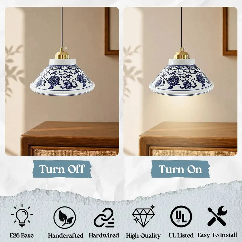 Super Chic Handpainted Blue And White Porcelain Pendant Light With Warm Gold Accents Vintage Farmhouse Hanging Lamp For Kitchen Island Dining Room Bedroom Cozy Setup And Chill Vibes