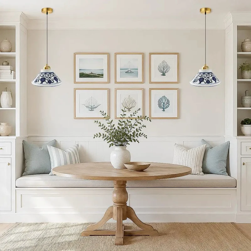 Super Chic Handpainted Blue And White Porcelain Pendant Light With Warm Gold Accents Vintage Farmhouse Hanging Lamp For Kitchen Island Dining Room Bedroom Cozy Setup And Chill Vibes