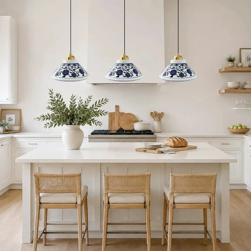Super Chic Handpainted Blue And White Porcelain Pendant Light With Warm Gold Accents Vintage Farmhouse Hanging Lamp For Kitchen Island Dining Room Bedroom Cozy Setup And Chill Vibes