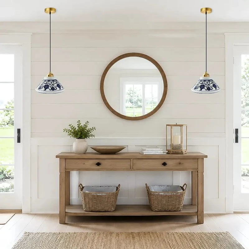 Super Chic Handpainted Blue And White Porcelain Pendant Light With Warm Gold Accents Vintage Farmhouse Hanging Lamp For Kitchen Island Dining Room Bedroom Cozy Setup And Chill Vibes