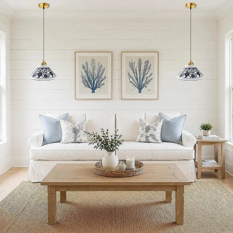 Super Chic Handpainted Blue And White Porcelain Pendant Light With Warm Gold Accents Vintage Farmhouse Hanging Lamp For Kitchen Island Dining Room Bedroom Cozy Setup And Chill Vibes