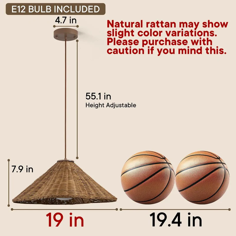19 Inch Hand Woven Rattan Pendant Light with Glass Shade Brings Chill Farmhouse Boho Vibes to Your Home Rustic Ceiling Lamp with Cozy Wabi Sabi Design for Kitchen Island Dining Area and Living Room
