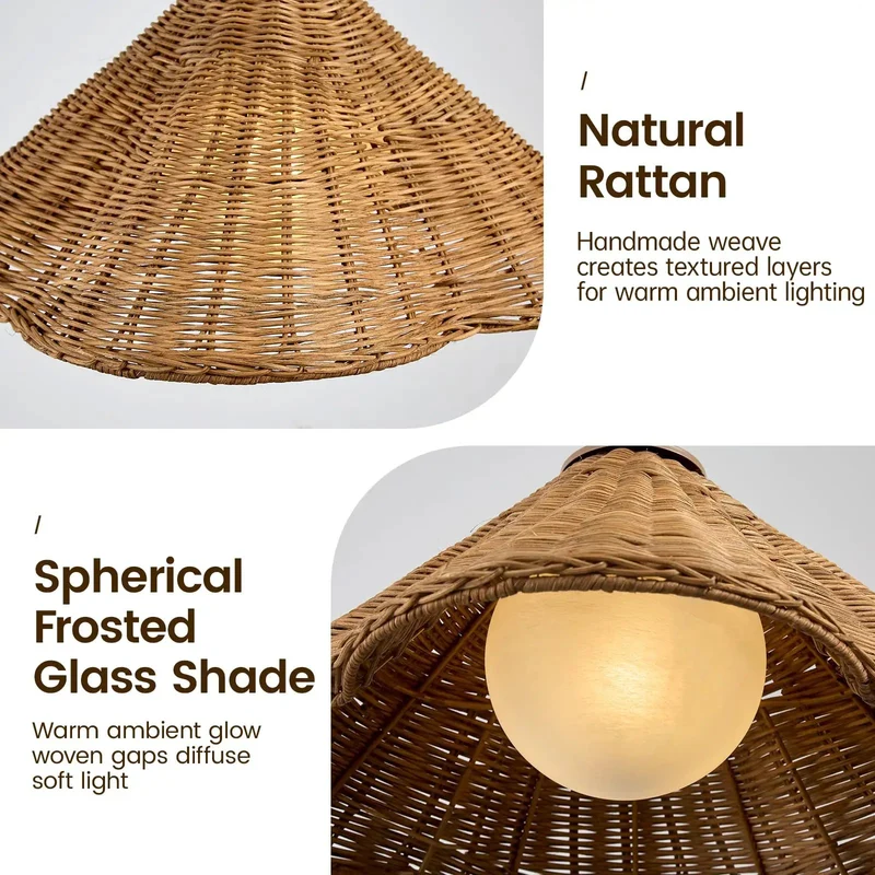 19 Inch Hand Woven Rattan Pendant Light with Glass Shade Brings Chill Farmhouse Boho Vibes to Your Home Rustic Ceiling Lamp with Cozy Wabi Sabi Design for Kitchen Island Dining Area and Living Room