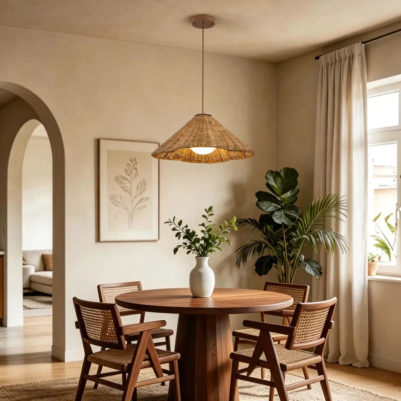 19 Inch Hand Woven Rattan Pendant Light with Glass Shade Brings Chill Farmhouse Boho Vibes to Your Home Rustic Ceiling Lamp with Cozy Wabi Sabi Design for Kitchen Island Dining Area and Living Room