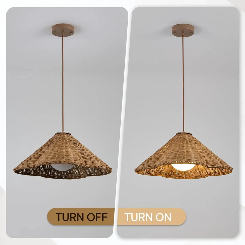 19 Inch Hand Woven Rattan Pendant Light with Glass Shade Brings Chill Farmhouse Boho Vibes to Your Home Rustic Ceiling Lamp with Cozy Wabi Sabi Design for Kitchen Island Dining Area and Living Room
