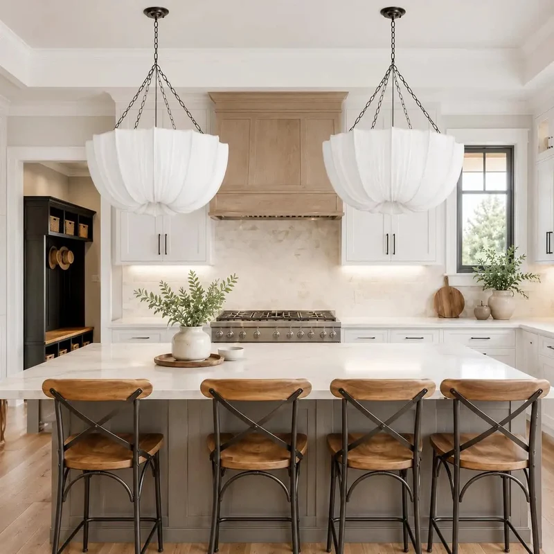 Top Shelf 19 7 Inch White Pleated Fabric Chandelier With Four E12 Candelabra Sockets Bringing A Smooth Cozy Vibe Perfect For Warm Farmhouse Dining Rooms Lighting