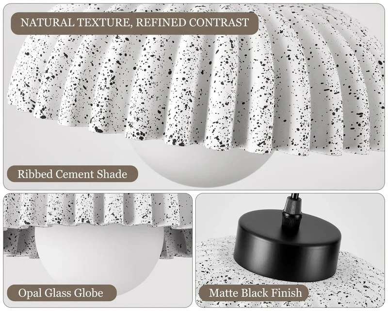 Black Ribbed Cement Pendant Light for Kitchen Island with Modern Farmhouse Vibe Solid Upgrade for Dining Room Setup Textured Hanging Lamp Japandi Style Lighting Fixtures Home Decor
