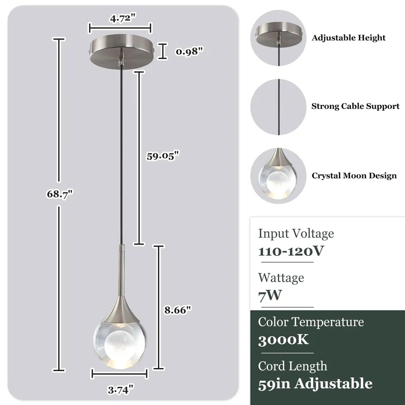 Top Shelf 3D Moon Pendant Lights With Clear K9 Crystal And Brush Nickel Trim 3000K Warm Led Drop Lamps For Kitchen Island Bedroom Or Bar Killer Design And Solid Build For Everyday Vibes In A Handy Two Pack Kit