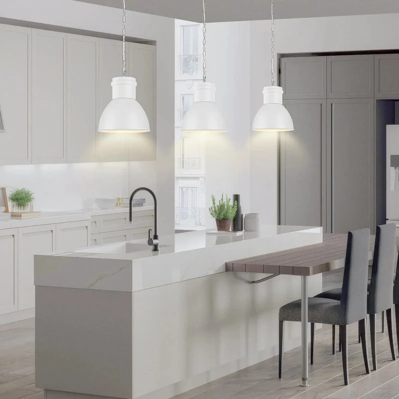 White Industrial Pendant Light For Kitchen Island Featuring Frosted Metal Shade And Heavy Duty Iron Chain Drop Fixture Boasts Dope Ambience And Delivers Sick Durability Daily