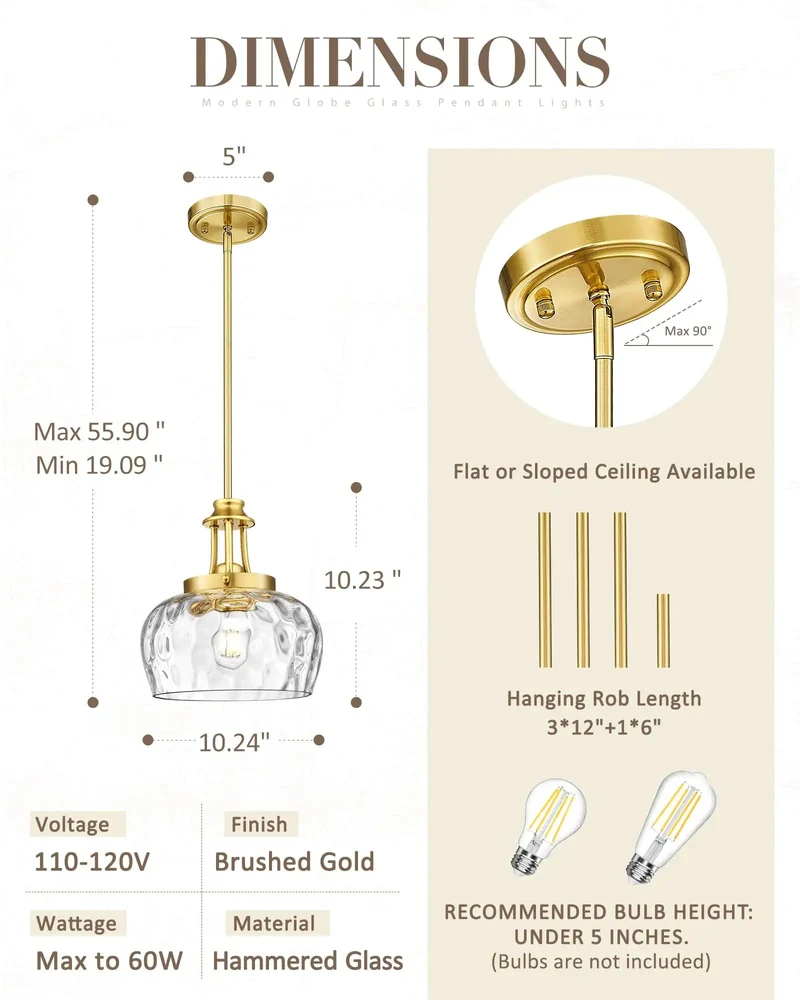 Hella Stylish 10 Inch Brushed Gold Pendant Light With Crisp Ribbed Glass Shade And Super Flexible Drop Rods For Dead Simple Setup In Modern Farmhouse Kitchens Dining Rooms Or Entryways