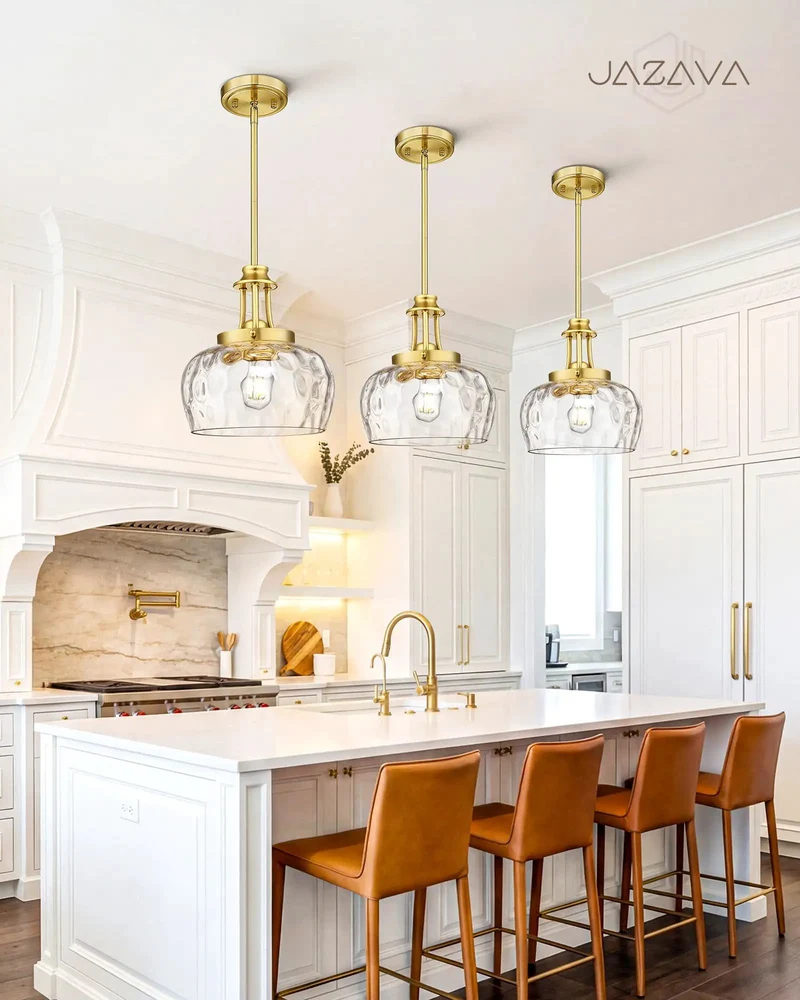 Hella Stylish 10 Inch Brushed Gold Pendant Light With Crisp Ribbed Glass Shade And Super Flexible Drop Rods For Dead Simple Setup In Modern Farmhouse Kitchens Dining Rooms Or Entryways