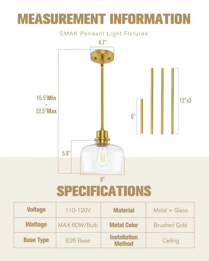 Straight Fire Eight Inch Brushed Gold Pendant Lighting For Kitchen Island And Dining Room With Crystal Clear Glass Shade And Fully Adjustable Hanging Rods For Modern Home Decor