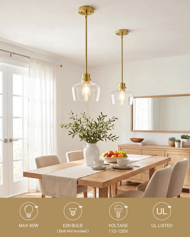 Straight Fire Eight Inch Brushed Gold Pendant Lighting For Kitchen Island And Dining Room With Crystal Clear Glass Shade And Fully Adjustable Hanging Rods For Modern Home Decor