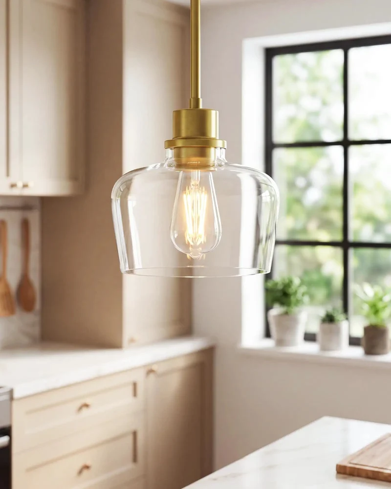 Straight Fire Eight Inch Brushed Gold Pendant Lighting For Kitchen Island And Dining Room With Crystal Clear Glass Shade And Fully Adjustable Hanging Rods For Modern Home Decor