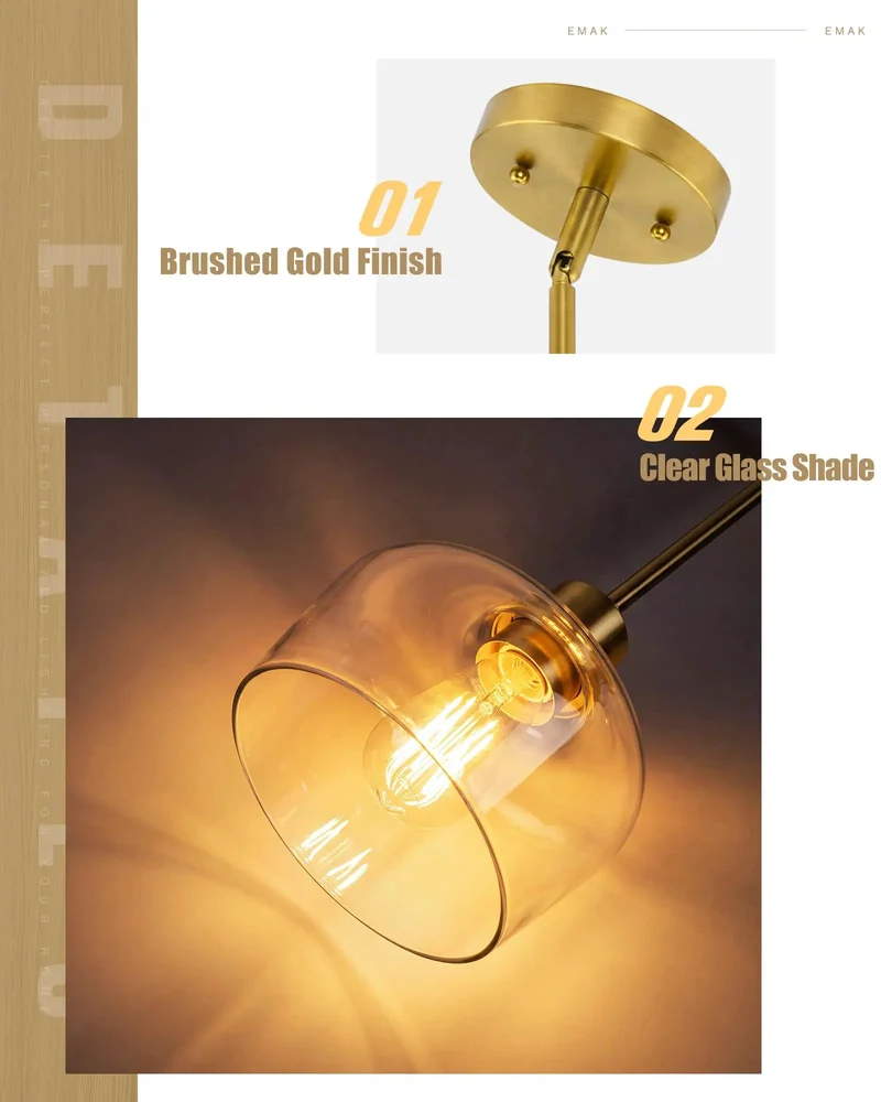 Straight Fire Eight Inch Brushed Gold Pendant Lighting For Kitchen Island And Dining Room With Crystal Clear Glass Shade And Fully Adjustable Hanging Rods For Modern Home Decor