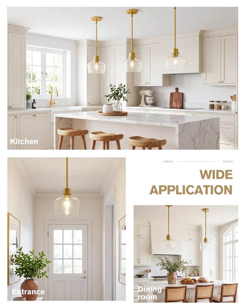 Straight Fire Eight Inch Brushed Gold Pendant Lighting For Kitchen Island And Dining Room With Crystal Clear Glass Shade And Fully Adjustable Hanging Rods For Modern Home Decor