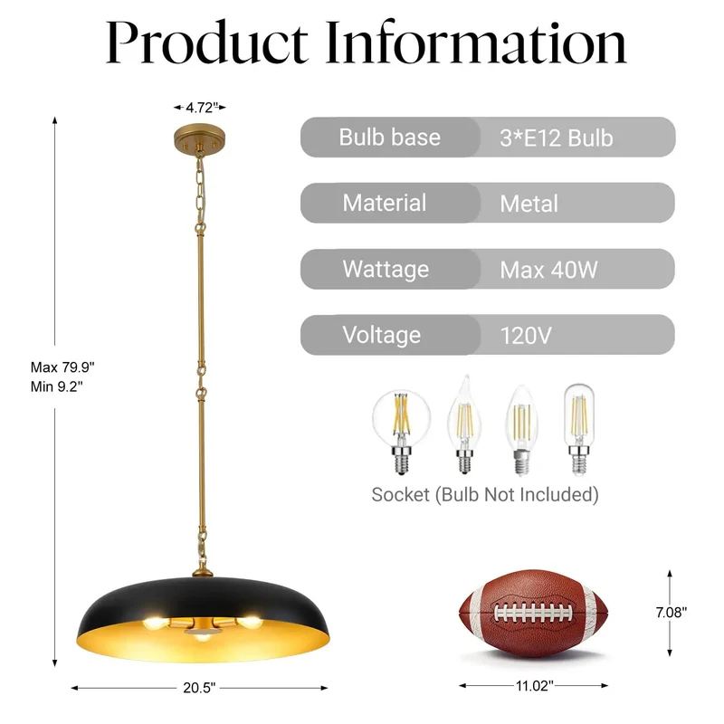 Twenty Point Five Inch Matte Black And Gold Dome Chandelier Three Light Pendant With Adjustable Chain Sleek Industrial Chic Lighting Fixture Smooth Install High Impact Room Upgrade For Home Centers
