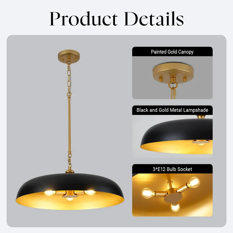 Twenty Point Five Inch Matte Black And Gold Dome Chandelier Three Light Pendant With Adjustable Chain Sleek Industrial Chic Lighting Fixture Smooth Install High Impact Room Upgrade For Home Centers