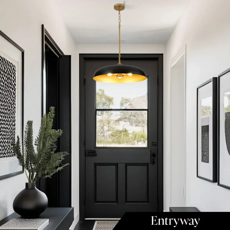 Twenty Point Five Inch Matte Black And Gold Dome Chandelier Three Light Pendant With Adjustable Chain Sleek Industrial Chic Lighting Fixture Smooth Install High Impact Room Upgrade For Home Centers