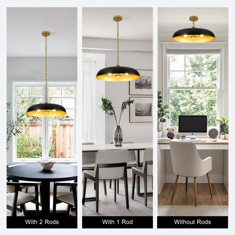 Twenty Point Five Inch Matte Black And Gold Dome Chandelier Three Light Pendant With Adjustable Chain Sleek Industrial Chic Lighting Fixture Smooth Install High Impact Room Upgrade For Home Centers