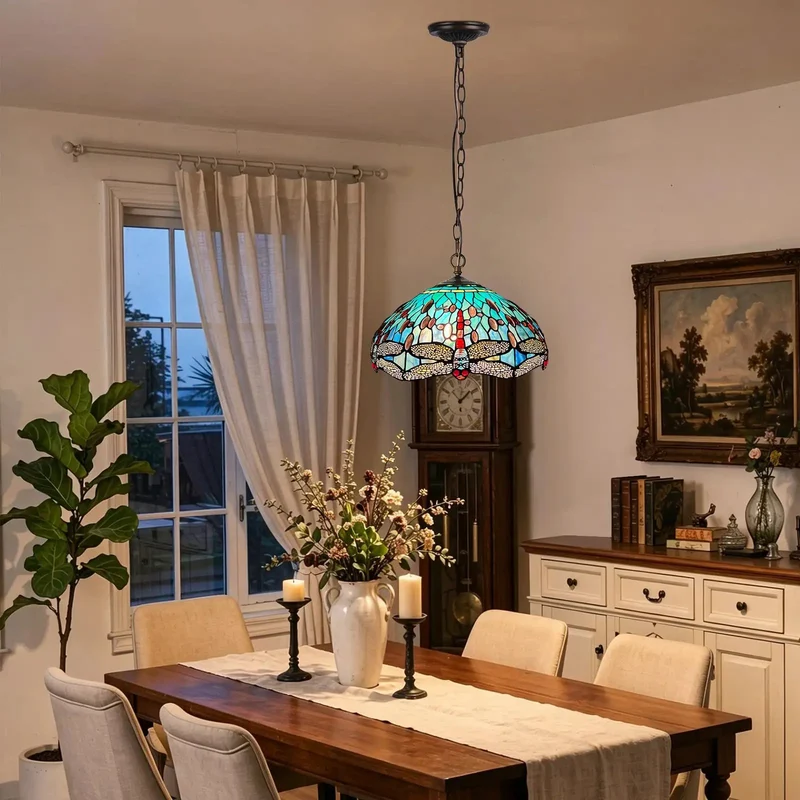 Vintage Style Tiffany Pendant Light With Handcrafted Stained Glass Shade And Fully Adjustable Hanging Chain For Kitchen Island Accent Lighting Featuring Top Tier Craftsmanship That Brings A Killer Vibe To Your Space
