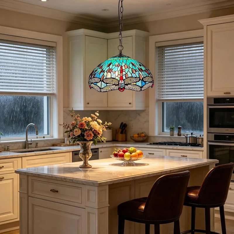 Vintage Style Tiffany Pendant Light With Handcrafted Stained Glass Shade And Fully Adjustable Hanging Chain For Kitchen Island Accent Lighting Featuring Top Tier Craftsmanship That Brings A Killer Vibe To Your Space