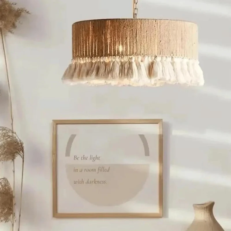 Handwoven Hemp Rope Pendant Light With Cotton Tassel Shade Brings Laid Back Vibes To Your Spot Adjustable Suspension Cord Matches E27 Fixture Ideal For Cozy Rooms Or Casual Hangout Spaces