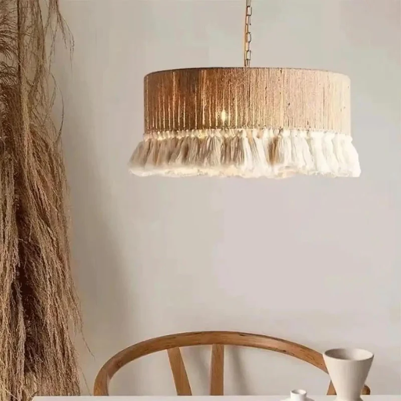 Handwoven Hemp Rope Pendant Light With Cotton Tassel Shade Brings Laid Back Vibes To Your Spot Adjustable Suspension Cord Matches E27 Fixture Ideal For Cozy Rooms Or Casual Hangout Spaces
