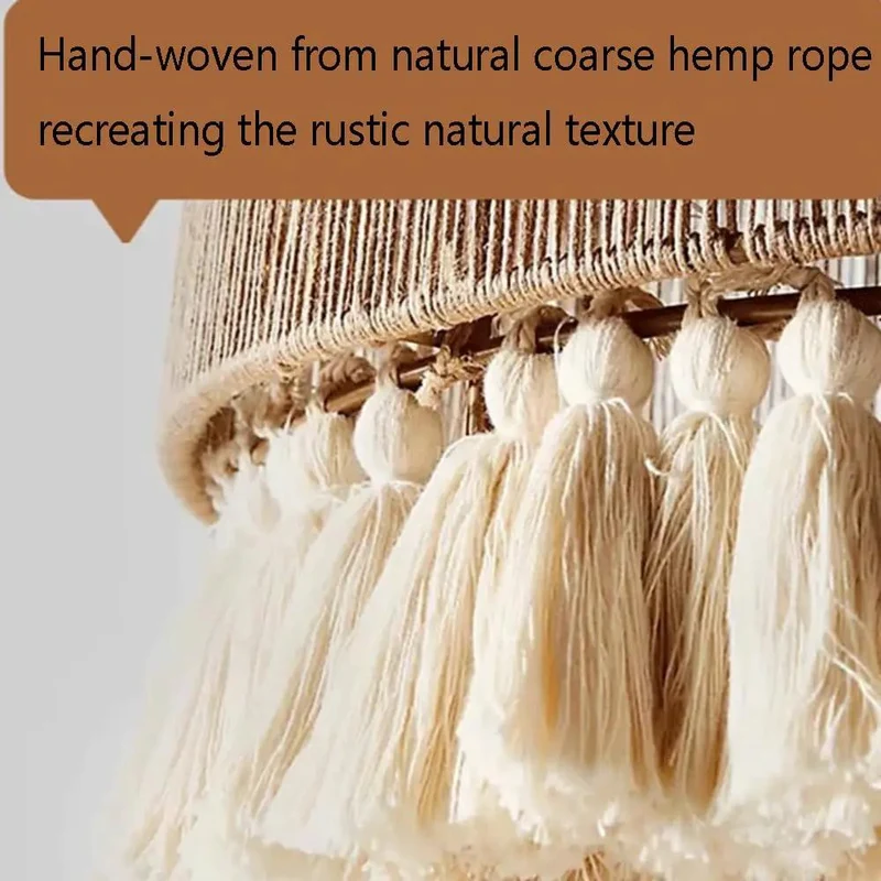 Handwoven Hemp Rope Pendant Light With Cotton Tassel Shade Brings Laid Back Vibes To Your Spot Adjustable Suspension Cord Matches E27 Fixture Ideal For Cozy Rooms Or Casual Hangout Spaces
