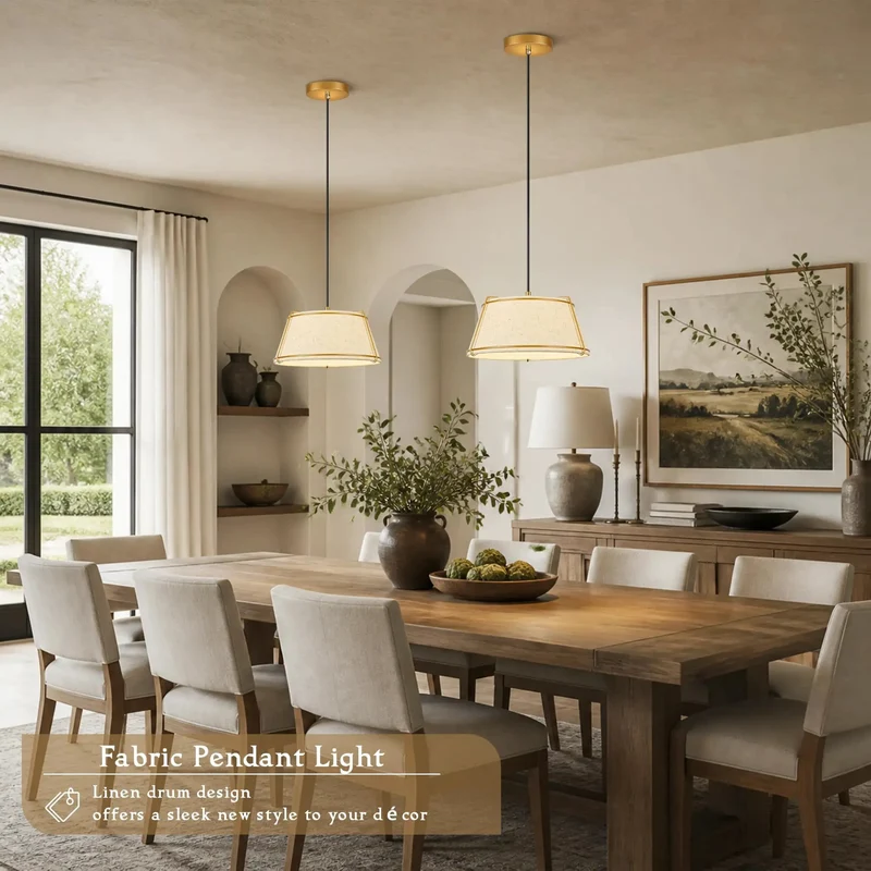 Super Chic Gold Linen Drum Pendant Light With Adjustable Height And Included Bulb Fits The Vibe For Dining Rooms Living Spaces And Bedrooms Super Easy Install