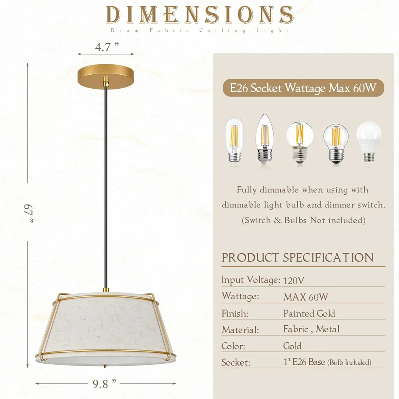 Super Chic Gold Linen Drum Pendant Light With Adjustable Height And Included Bulb Fits The Vibe For Dining Rooms Living Spaces And Bedrooms Super Easy Install