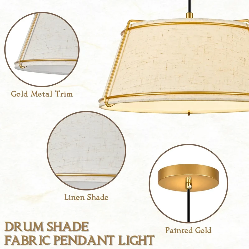 Super Chic Gold Linen Drum Pendant Light With Adjustable Height And Included Bulb Fits The Vibe For Dining Rooms Living Spaces And Bedrooms Super Easy Install