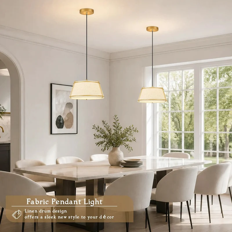 Super Chic Gold Linen Drum Pendant Light With Adjustable Height And Included Bulb Fits The Vibe For Dining Rooms Living Spaces And Bedrooms Super Easy Install