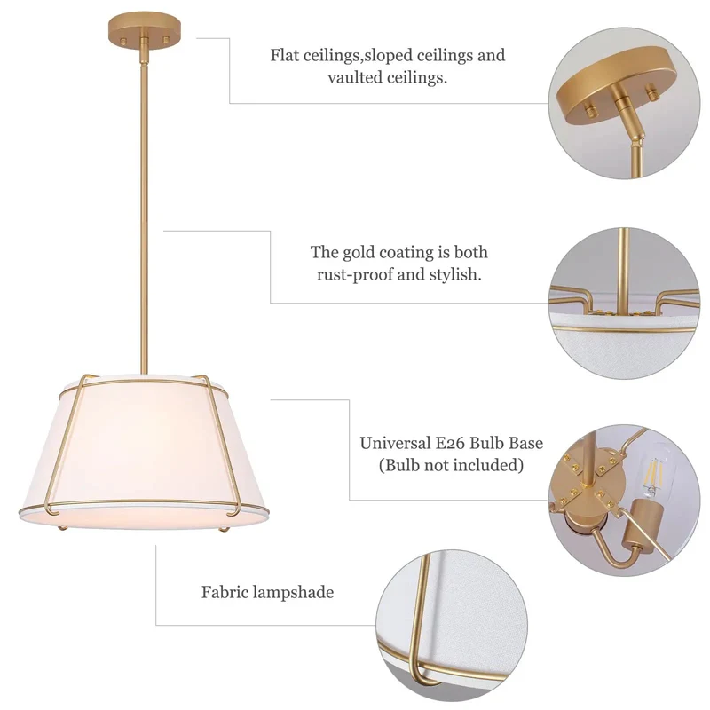 Fresh Vibe 16 Inch White And Gold Drum Pendant Light With Textured Linen Tapered Shade Brushed Metal Frame Polished Hardware And Clean Lines For A Top Tier Home Décor Upgrade Or Game Changing Centerpiece
