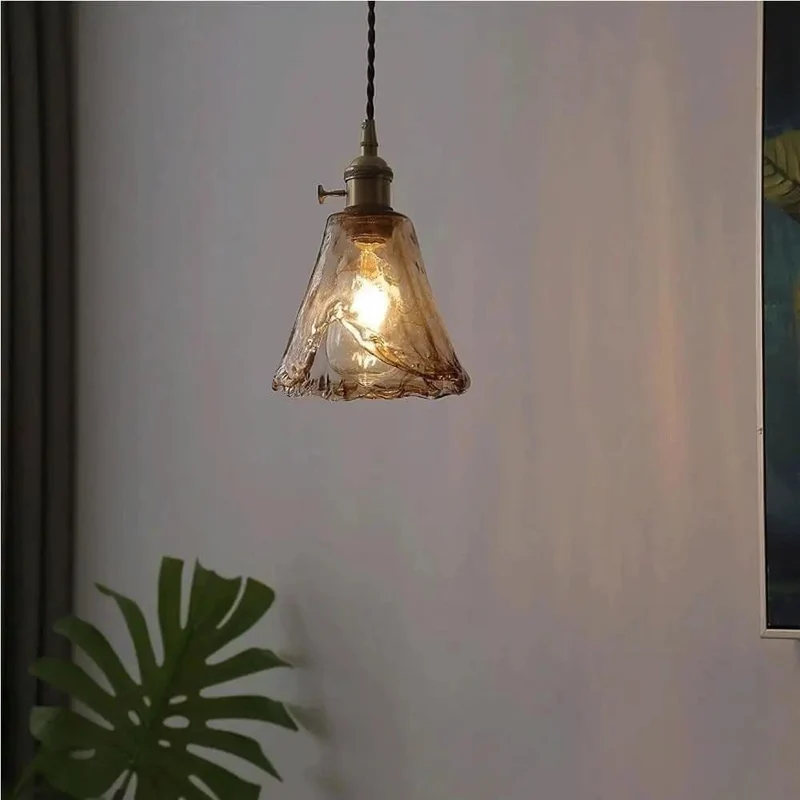 Chic Amber Wavy Glass Pendant Light With Vintage Brass Holder And Fully Adjustable Cable For Cozy Kitchen Island Bedroom Dining Room Ceiling Fixture With E26 Socket And Hassle Free Install