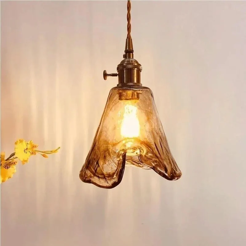 Chic Amber Wavy Glass Pendant Light With Vintage Brass Holder And Fully Adjustable Cable For Cozy Kitchen Island Bedroom Dining Room Ceiling Fixture With E26 Socket And Hassle Free Install