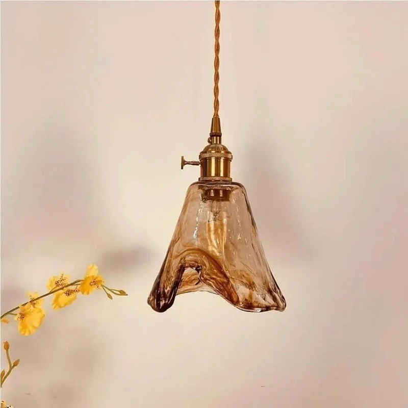 Chic Amber Wavy Glass Pendant Light With Vintage Brass Holder And Fully Adjustable Cable For Cozy Kitchen Island Bedroom Dining Room Ceiling Fixture With E26 Socket And Hassle Free Install
