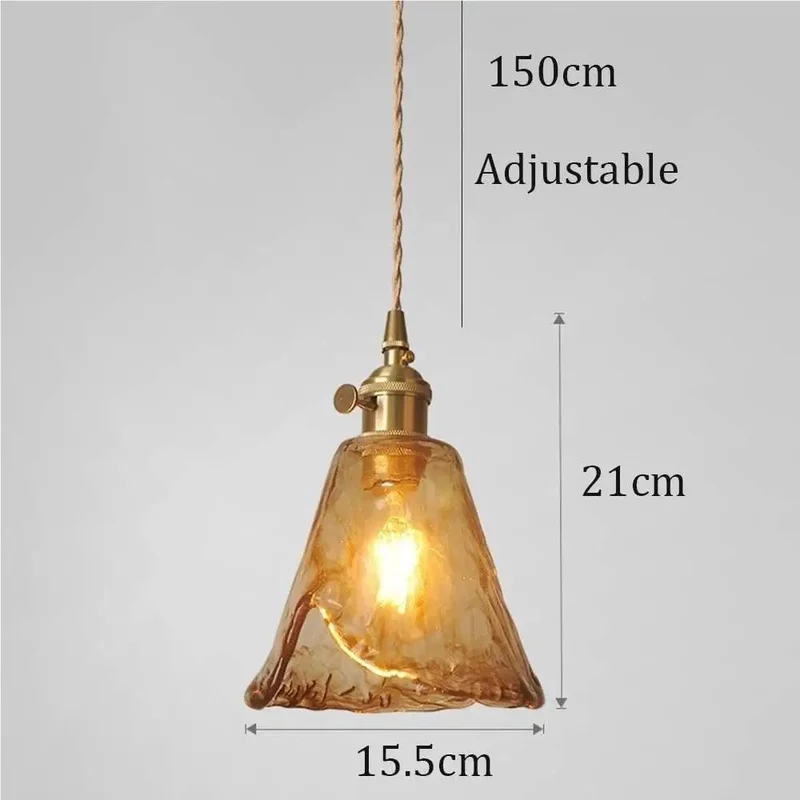 Chic Amber Wavy Glass Pendant Light With Vintage Brass Holder And Fully Adjustable Cable For Cozy Kitchen Island Bedroom Dining Room Ceiling Fixture With E26 Socket And Hassle Free Install