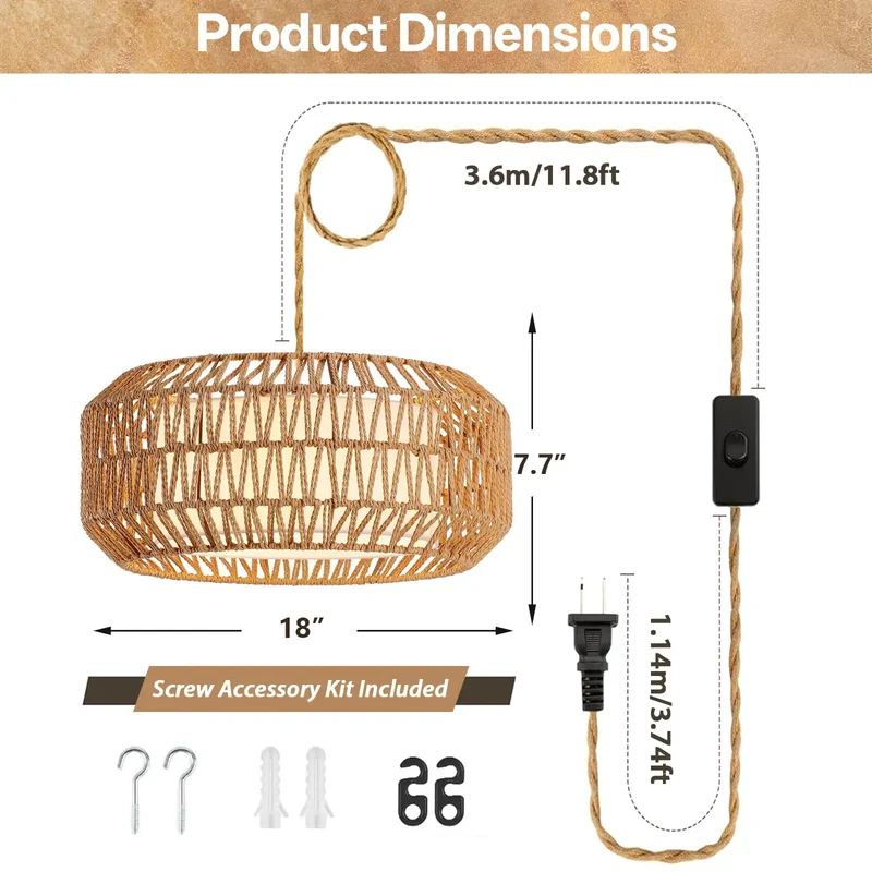 18 Inch Boho Plug In Pendant Light With Switch, No Sweat Setup Meets Solid American Craftsmanship, Triple E26 Sockets Pump Out Killer Ambient Glow, Open Weave Shade Brings Chill Vibes To Any Dining Space