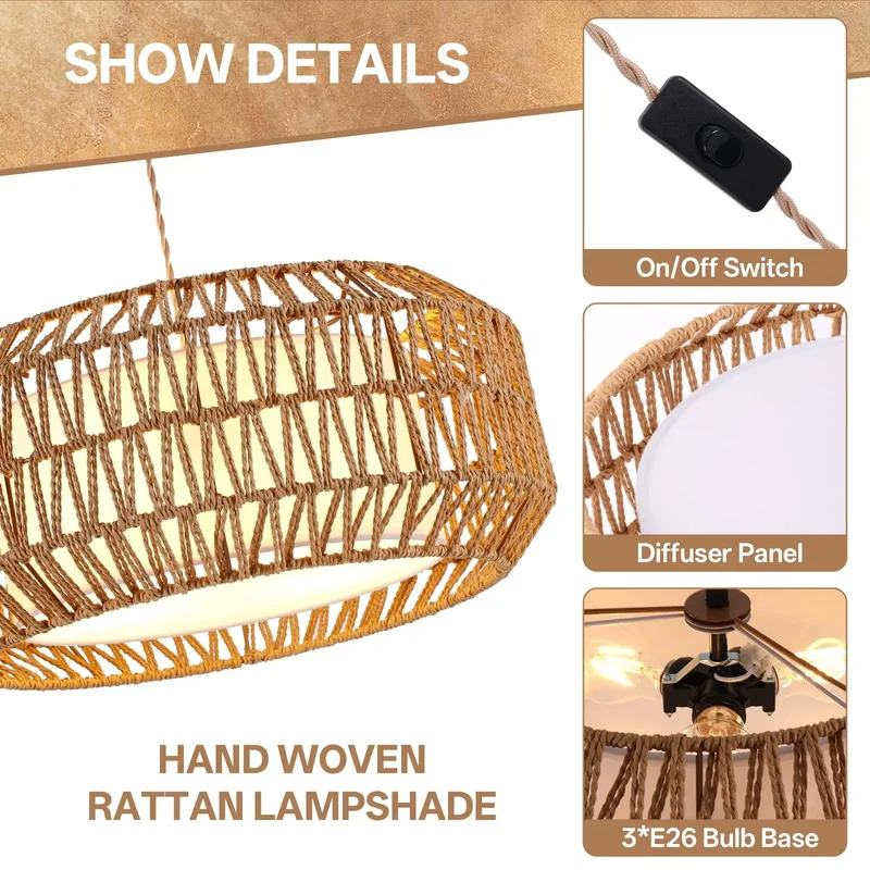 18 Inch Boho Plug In Pendant Light With Switch, No Sweat Setup Meets Solid American Craftsmanship, Triple E26 Sockets Pump Out Killer Ambient Glow, Open Weave Shade Brings Chill Vibes To Any Dining Space