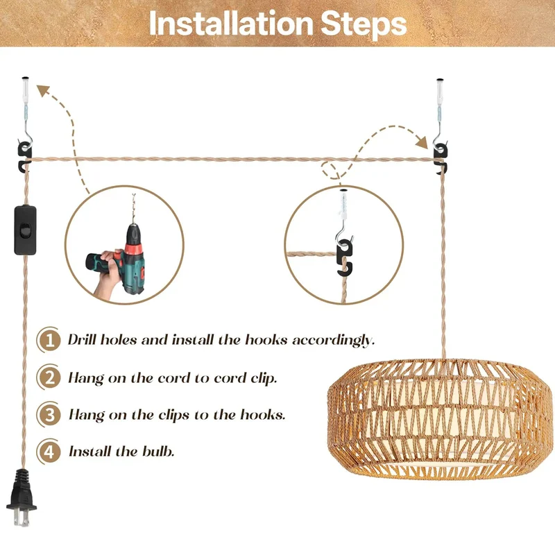 18 Inch Boho Plug In Pendant Light With Switch, No Sweat Setup Meets Solid American Craftsmanship, Triple E26 Sockets Pump Out Killer Ambient Glow, Open Weave Shade Brings Chill Vibes To Any Dining Space