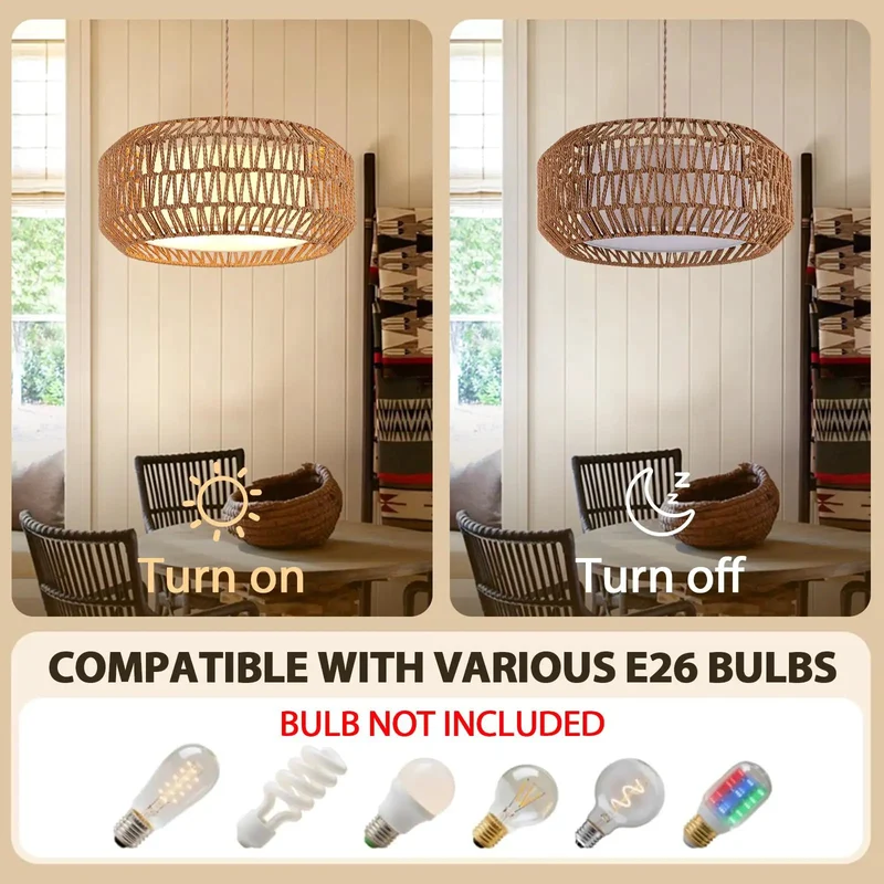 18 Inch Boho Plug In Pendant Light With Switch, No Sweat Setup Meets Solid American Craftsmanship, Triple E26 Sockets Pump Out Killer Ambient Glow, Open Weave Shade Brings Chill Vibes To Any Dining Space