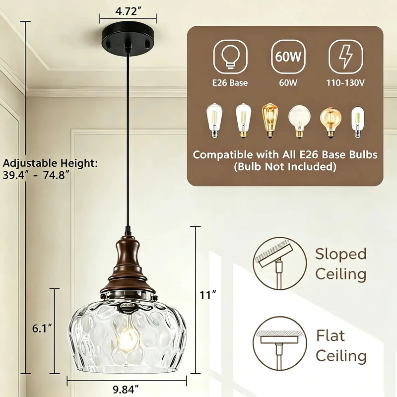 Awesome Vintage Hammered Clear Glass Pendant Light Fixture With Walnut Upper Housing Great For Kitchen Islands And Dining Rooms Adjustable Ceiling Lamp Providing Charming Diffused Ambiance Today