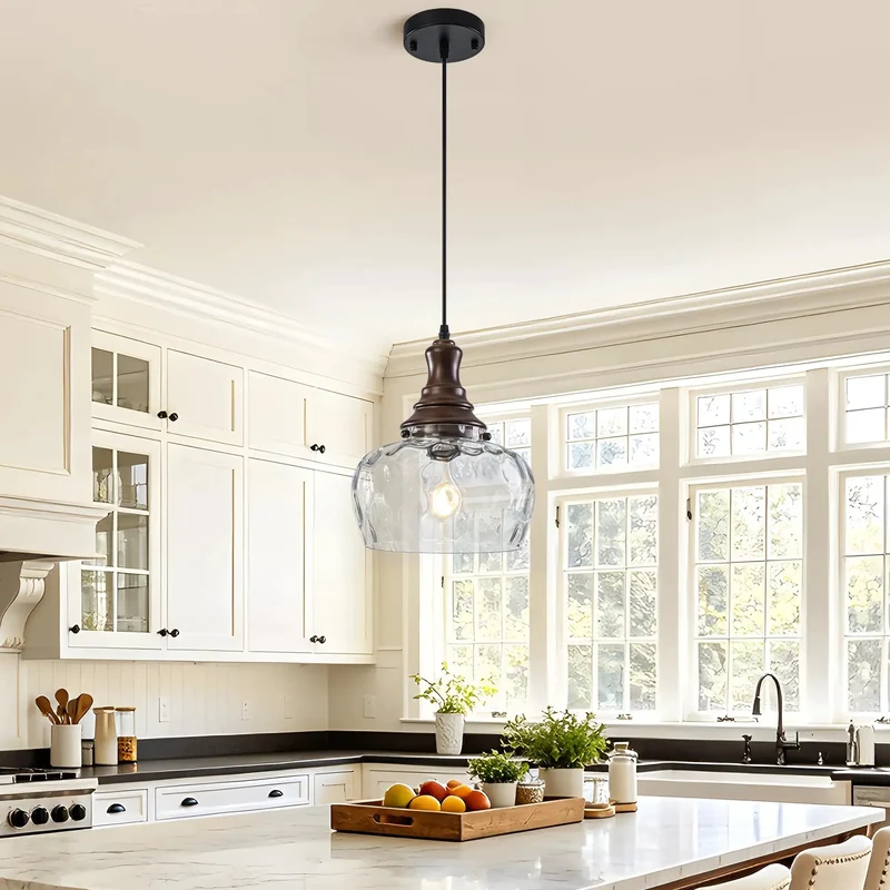 Awesome Vintage Hammered Clear Glass Pendant Light Fixture With Walnut Upper Housing Great For Kitchen Islands And Dining Rooms Adjustable Ceiling Lamp Providing Charming Diffused Ambiance Today