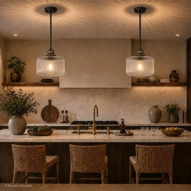 Snag These Slick 2 Pack Ribbed Glass Pendant Lights That Bring Big Vibe To Kitchen Islands And Dining Rooms With Matte Black Metalwork And Totally Adjustable Hanging Heights For Real Fast Setup