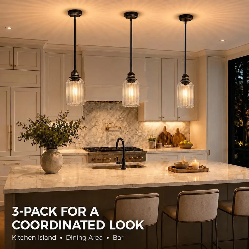 Top Tier 3 Pack Kitchen Island Pendant Lights With Ribbed Fluted Glass And Black Gold Accents Heavy Duty Ceiling Lamps Badass Modern Look Knockout Finish For Dining Tables And Breakfast Bars