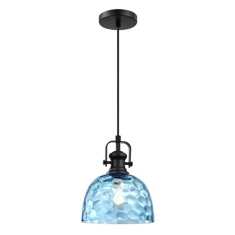2 Pack 8 Inch Blue Textured Glass Farmhouse Black Pendant Lights Bring Major Flair to Your Home with a Badass Finish and Hella Bright Glow That Makes Any Space Go Lit while Fully Dimmable and Compatible with E26 Bulbs Supporting Up to 100 Watts